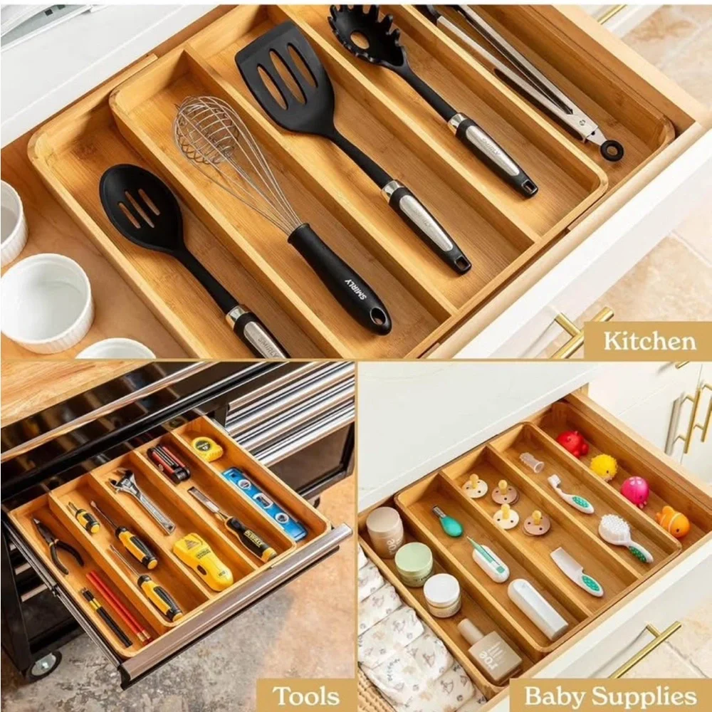 NWT White Bamboo Kitchen Drawer Organizer For Silverware